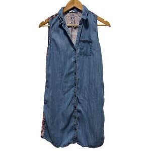 Tribal Jeans Womens Chambray Sleeveless Shirt Dress XS Boho Print Back Lyocell